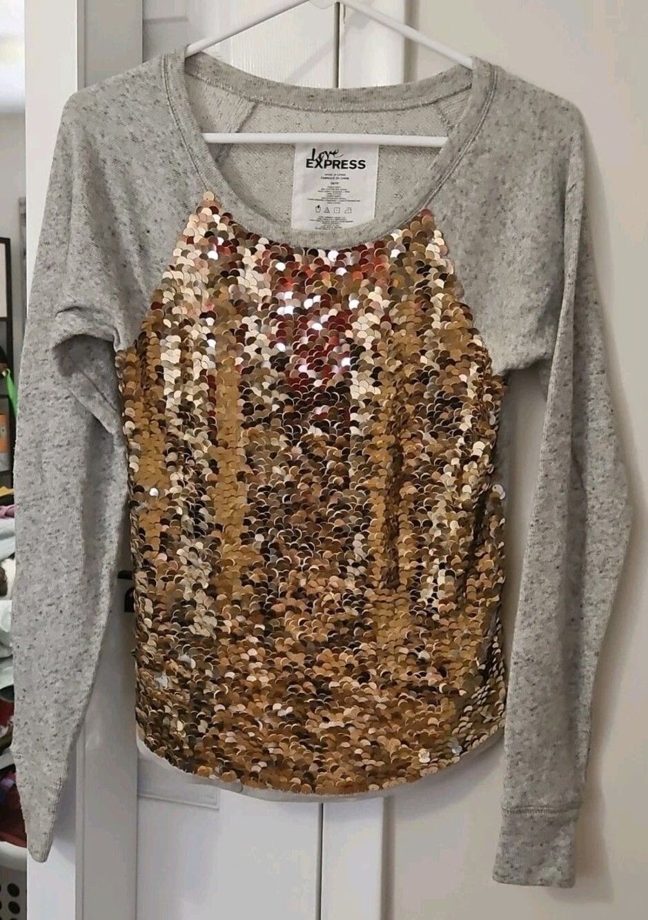 Love Express Women's XS Mermaid Gold & Silver Sequin Shirt Long Sleeve Top Gray